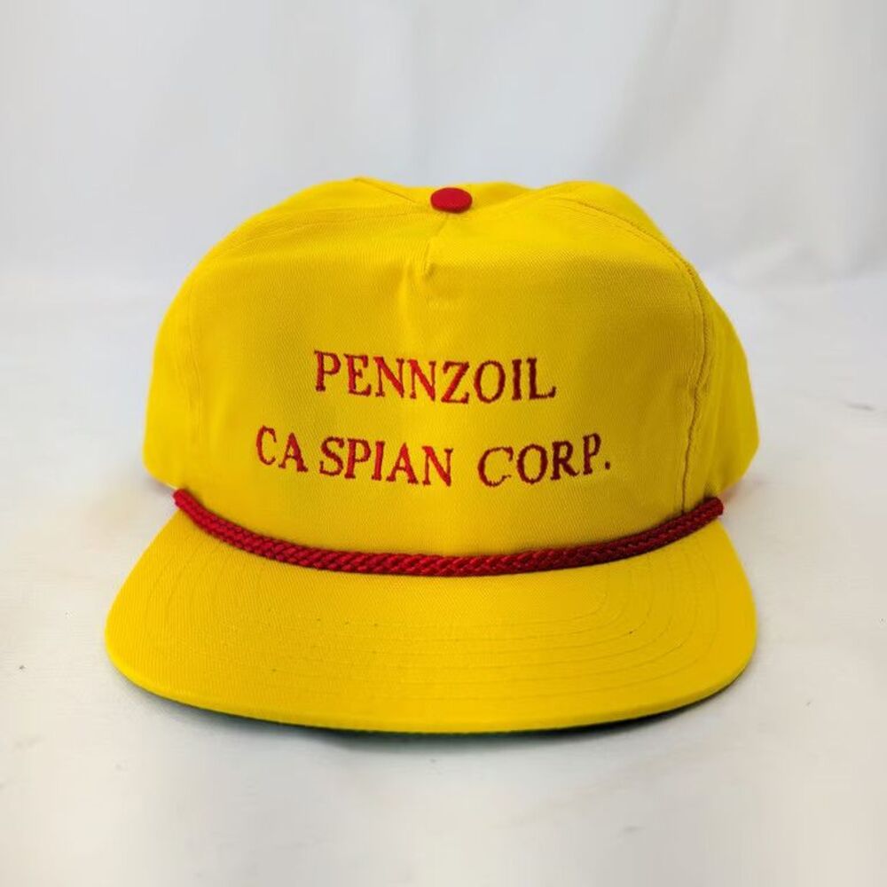 Vintage Pennzoil Caspian Corp Rope Hat Snapback Trucker Yellow Bar S Made in USA